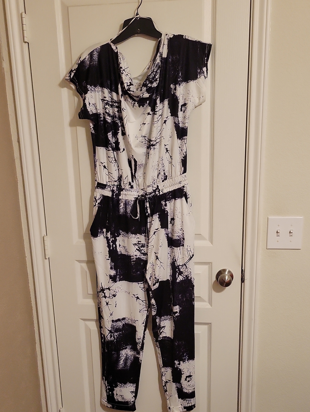 Abstract Black & White Drawstring Jumpsuit - Women